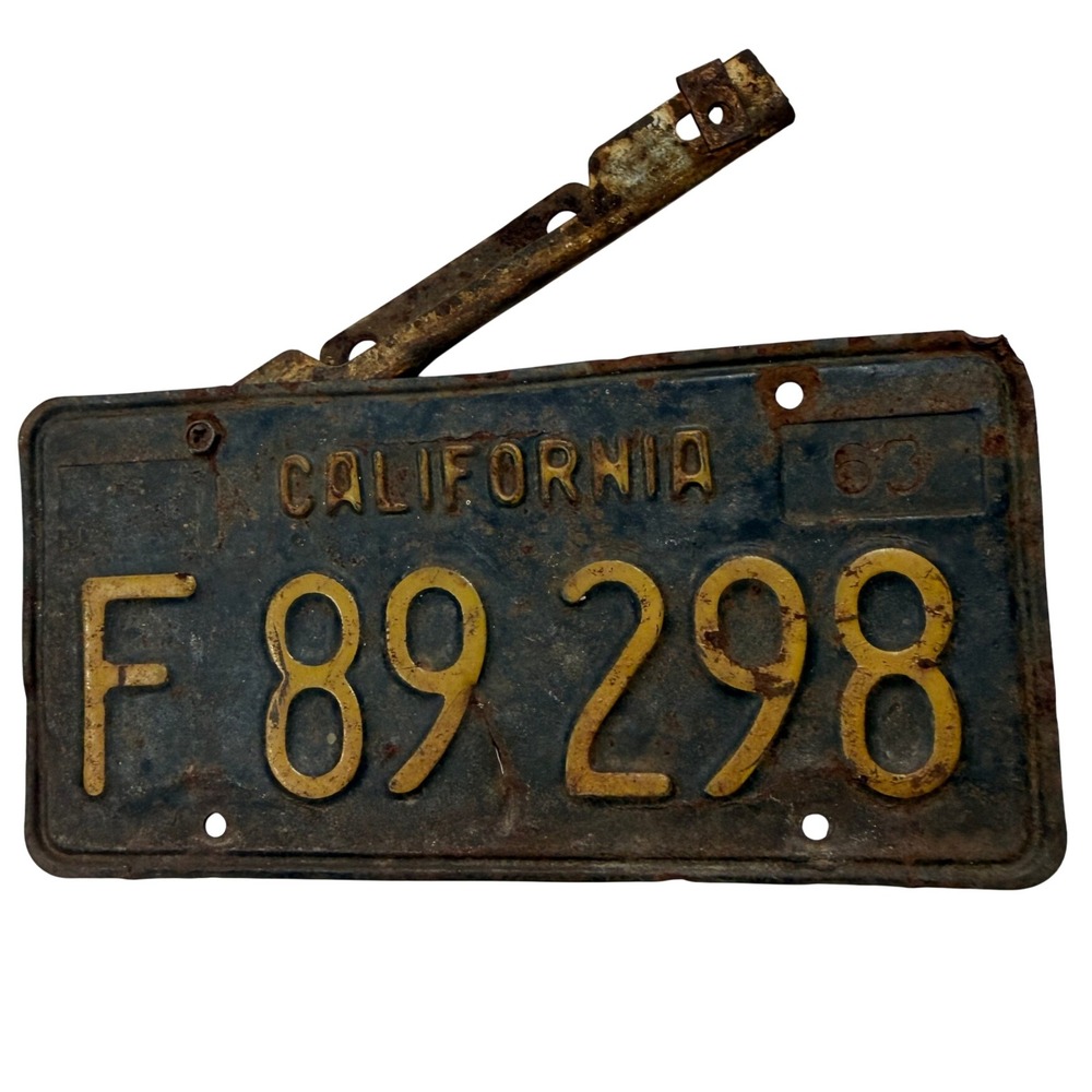 Vintage 1963 California License Plate Black Yellow F 89 298 Rusty Automobilia